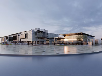 Modern Sales Office Building Exterior With Glass Curtain Wall Open Plaza And Reflective Pool 3d model