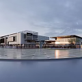 Modern Sales Office Building Exterior With Glass Curtain Wall Open Plaza And Reflective Pool