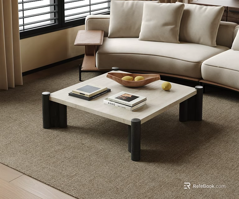 Modern Living Room Coffee Table With Light Surface Black Legs Books And Wooden Fruit Bowl 3d model 