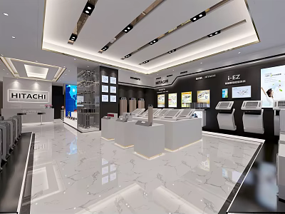 Hitachi Modern Appliance Showroom Featuring Spacious Layout Display Counters Digital Screens And Elegant Lighting 3d model