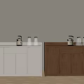 White and Brown Wooden Sideboards With Kettle And Glass Bottles On Top
