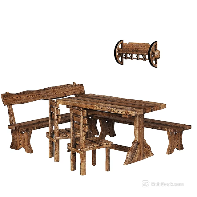 Rustic Wooden Dining Table Set With Bench Chairs And Wall Shelf 3d model 