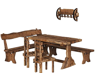 Rustic Wooden Dining Table Set With Bench Chairs And Wall Shelf 3d model