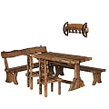Rustic Wooden Dining Table Set With Bench Chairs And Wall Shelf