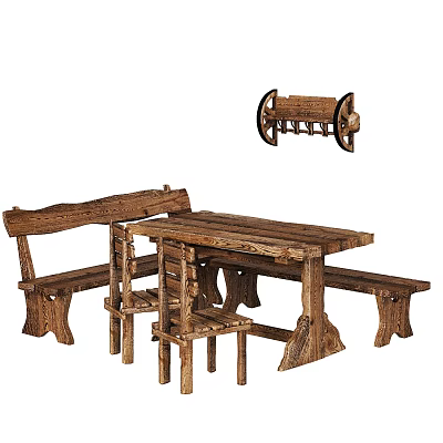 Rustic Wooden Dining Table Set With Bench Chairs And Wall Shelf 3d model
