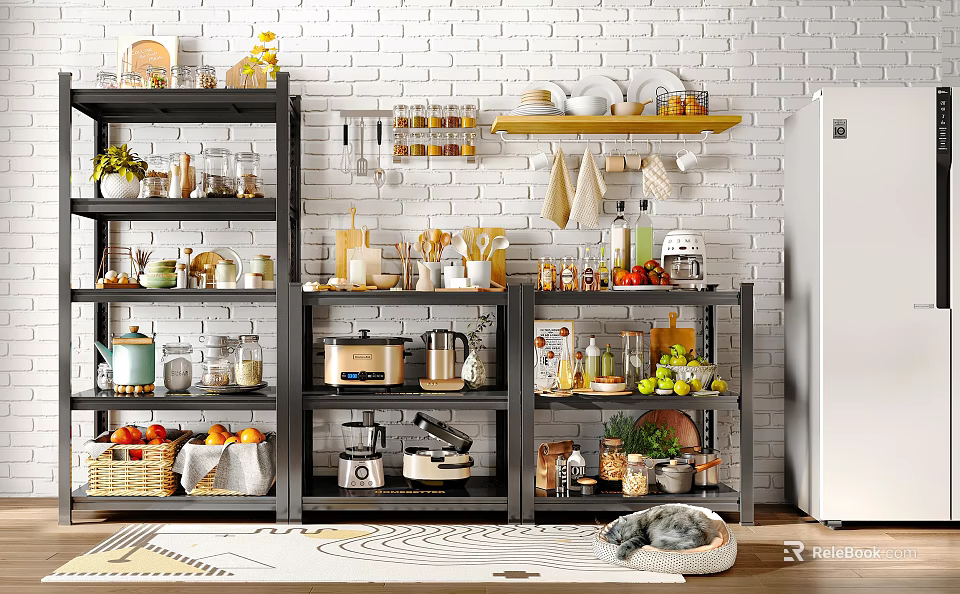 Organized Modern Kitchen Storage Shelves With Cookware Dishes Fruits Vegetables And Small Appliances 3d model 