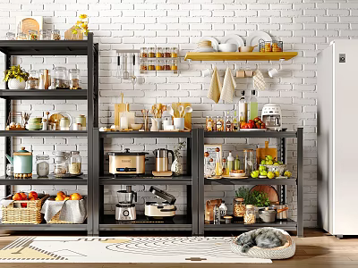 Organized Modern Kitchen Storage Shelves With Cookware Dishes Fruits Vegetables And Small Appliances 3d model