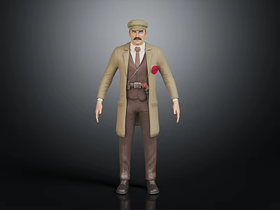 3D Male Character Figure Wearing Beige Long Coat Brown Vest Red Badge And Hat 3d model