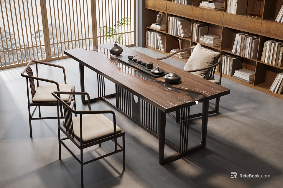 Chinese Style Wooden Tea Table And Chairs With Tea Sets And Wooden Bookshelves Near Window 3d model 