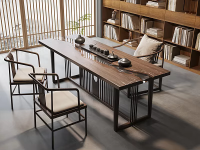 Chinese Style Wooden Tea Table And Chairs With Tea Sets And Wooden Bookshelves Near Window 3d model