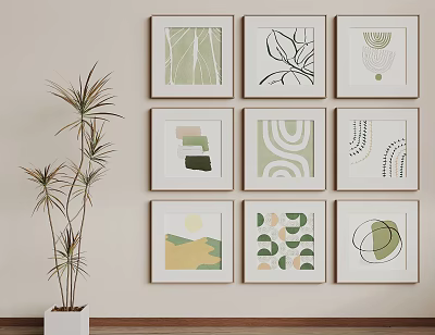 Nine Abstract Paintings on Wall Featuring Geometric Patterns Natural Elements Green Beige Tones and Potted Plant 3d model