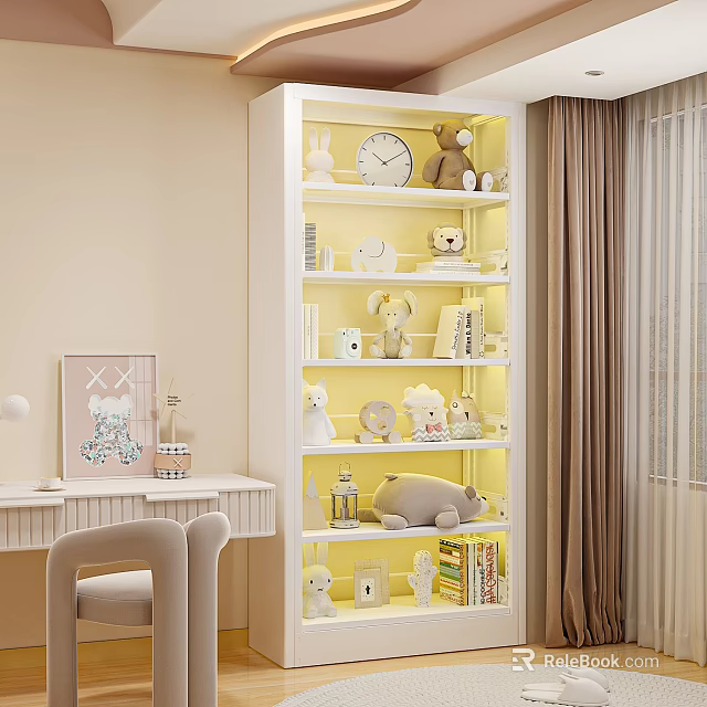 White Lighted Bookcase With Stuffed Toys Figurines And Books In Cozy Room 3d model 