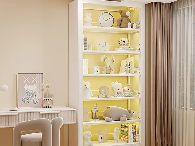 White Lighted Bookcase With Stuffed Toys Figurines And Books In Cozy Room 3d model