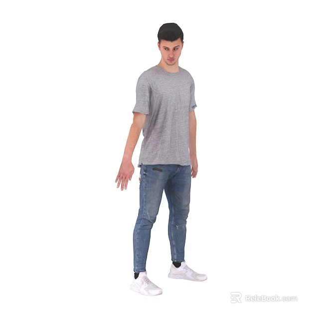 Man Standing In Casual Gray T-Shirt Blue Jeans And White Sneakers 3d model 