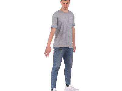 Man Standing In Casual Gray T-Shirt Blue Jeans And White Sneakers 3d model