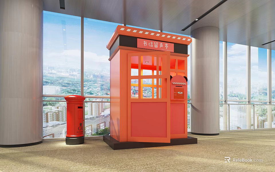 Public Facilities Red Telephone Booth And Mailbox In Indoor Public Space 3d model 