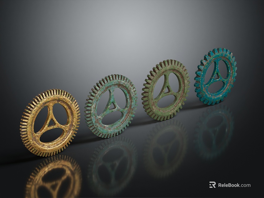 Hardware Tools Colorful Metal Gears Arranged in Row with Reflective Surfaces 3d model 