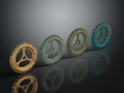 Hardware Tools Colorful Metal Gears Arranged in Row with Reflective Surfaces 3d model