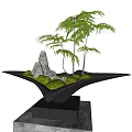 Bonsai Plant with Small Trees Stones and Moss in Black Unique Shaped Pot on Base