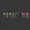 Group of people in various colored clothes standing against gray background with reflections