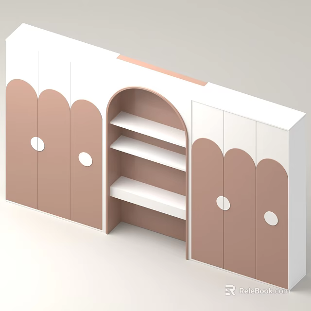 Scalloped Pink And White Storage Cabinet With Arched Open Shelf White Shelves And Circular Knobs 3d model 