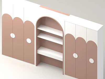 Scalloped Pink And White Storage Cabinet With Arched Open Shelf White Shelves And Circular Knobs 3d model