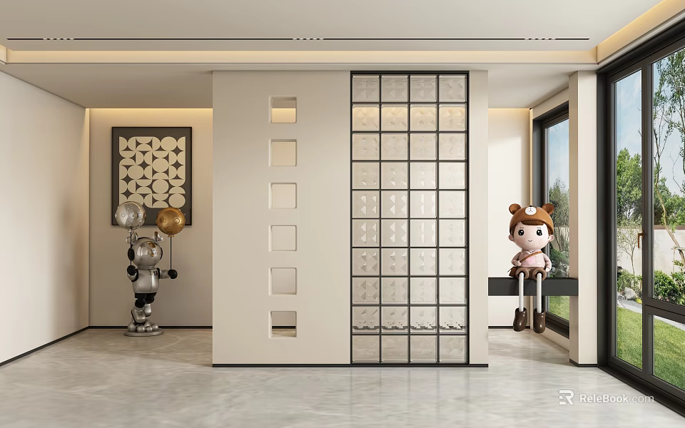 Modern Entryway Hallway Interior Design With Glass Grid Partition Decorative Sculpture And Doll 3d model 