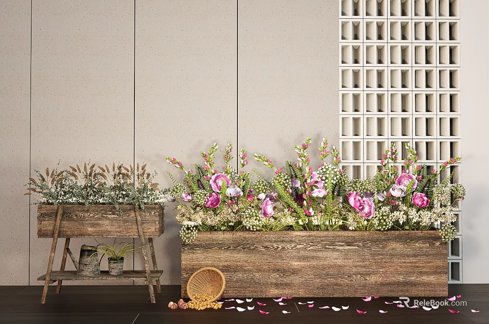 Plant Combination with Pink Flowers Green Foliage in Wooden Planters Against Beige Wall White Lattice 3d model 