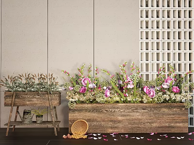 Plant Combination with Pink Flowers Green Foliage in Wooden Planters Against Beige Wall White Lattice 3d model
