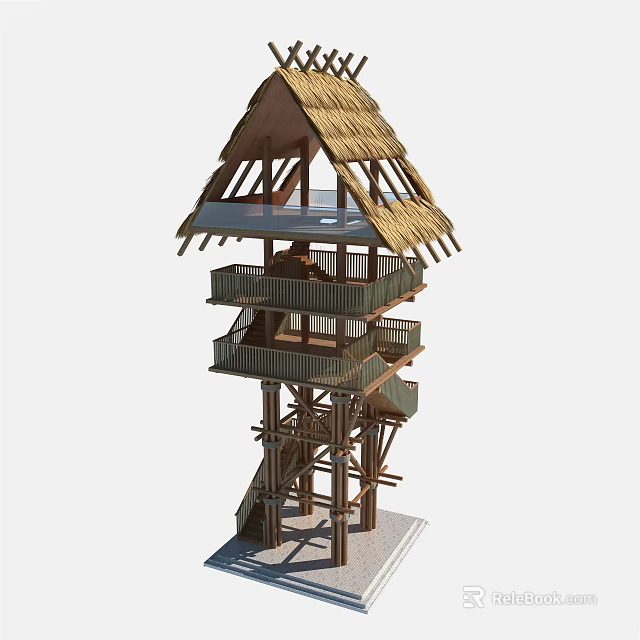Traditional Wooden Tower Featuring Thatch Roof And Multi Level Balconies With Staircase 3d model 
