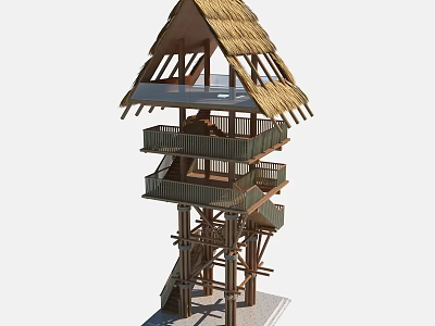 Traditional Wooden Tower Featuring Thatch Roof And Multi Level Balconies With Staircase 3d model