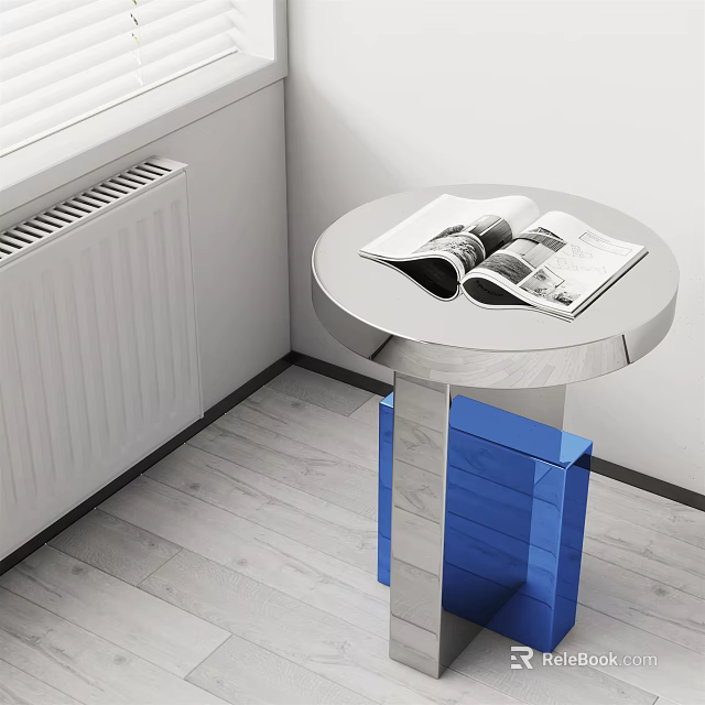 Modern Round Metal Side Table With Blue Base And Open Magazine 3d model