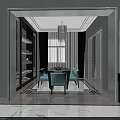 Modern Dining Room Interior With Light Blue Chairs Dark Table Chandelier And Geometric Tiles