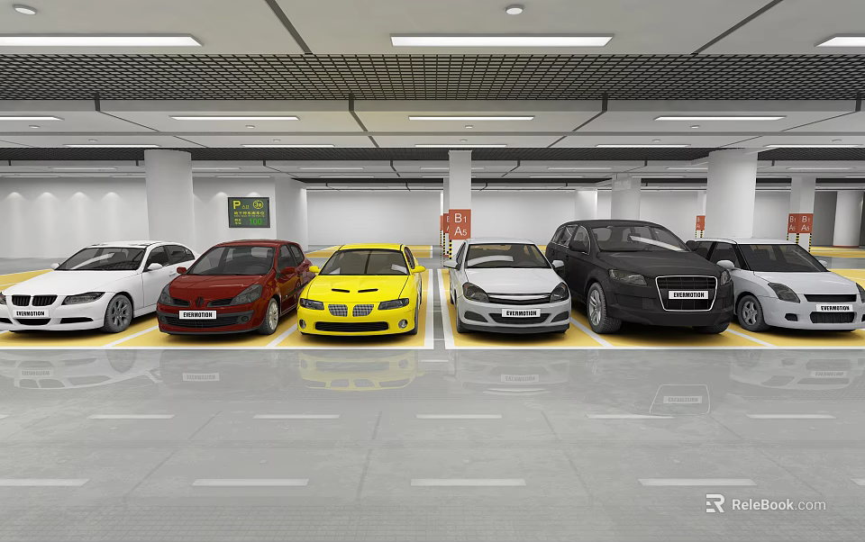 Indoor Parking Garage With Various Colored Cars And Clear Floor Markings 3d model 