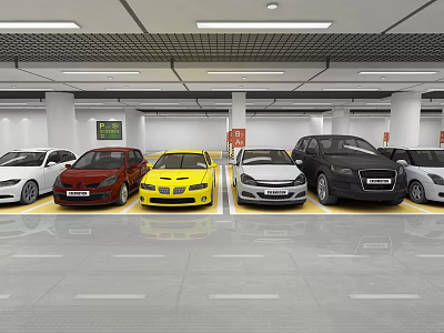 Indoor Parking Garage With Various Colored Cars And Clear Floor Markings 3d model