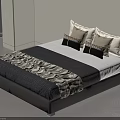 Modern Double Bed With Brown Frame Black And White Bedding And Decorative Pillows