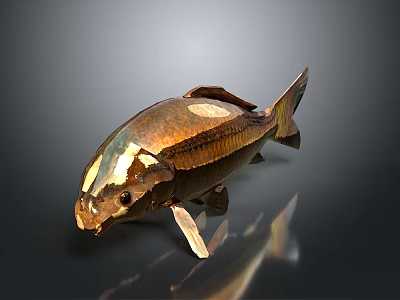 Artistic Metallic Fish Sculpture With Shiny Golden Surface And Abstract Design 3d model