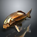 Artistic Metallic Fish Sculpture With Shiny Golden Surface And Abstract Design