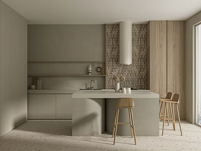 Modern Minimalist Kitchen Interior With Neutral Gray Cabinets Wooden Wall Island Counter And Bar Stools 3d model