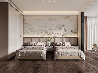 Hotel Guest Room With Twin Beds Chinese Landscape Painting Wooden Floor And Wardrobe 3d model