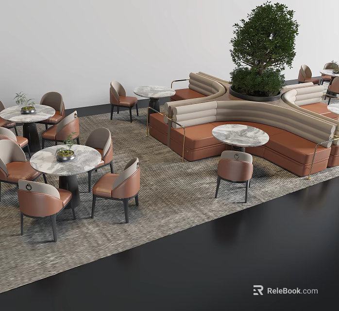 Stylish Restaurant Interior Design With Upholstered Booth Sofas Marble Tables And Accent Chairs 3d model