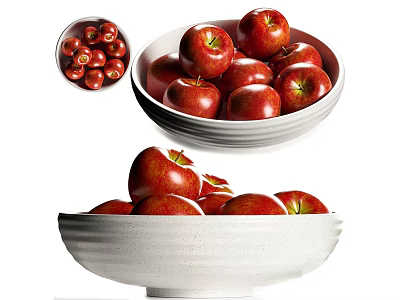 White Ceramic Bowls Filled With Fresh Red Apples In Various Sizes 3d model