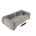 Modern Beige Fabric Two Seater Sofa With Striped Pillows Throw Blanket And Decorative Balls