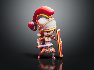 3D Cartoon Warrior Character With Red Gold Armor Helmet Sword And Shield 3d model