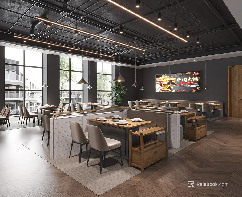 Modern Hotpot Restaurant Interior Featuring Open Kitchen Dining Area And Pendant Lights 3d model