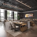 Modern Hotpot Restaurant Interior Featuring Open Kitchen Dining Area And Pendant Lights 3d model