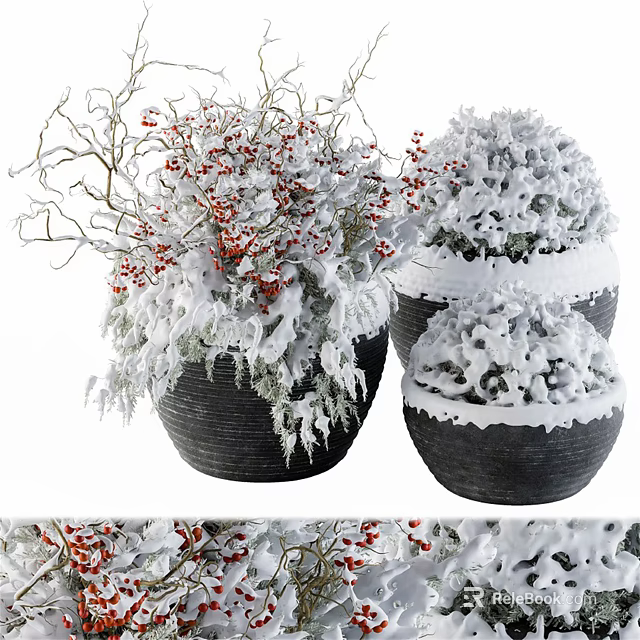 Snow Covered Bonsai Potted Plants With Red Berries In Black Ceramic Pots 3d model 
