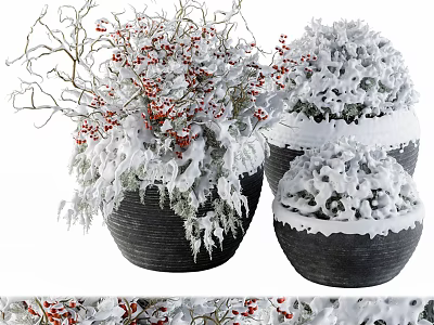 Snow Covered Bonsai Potted Plants With Red Berries In Black Ceramic Pots 3d model