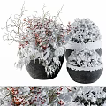 Snow Covered Bonsai Potted Plants With Red Berries In Black Ceramic Pots