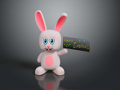 Cute Pink Rabbit Doll Holding Happy Easter Sign On Dark Background 3d model
